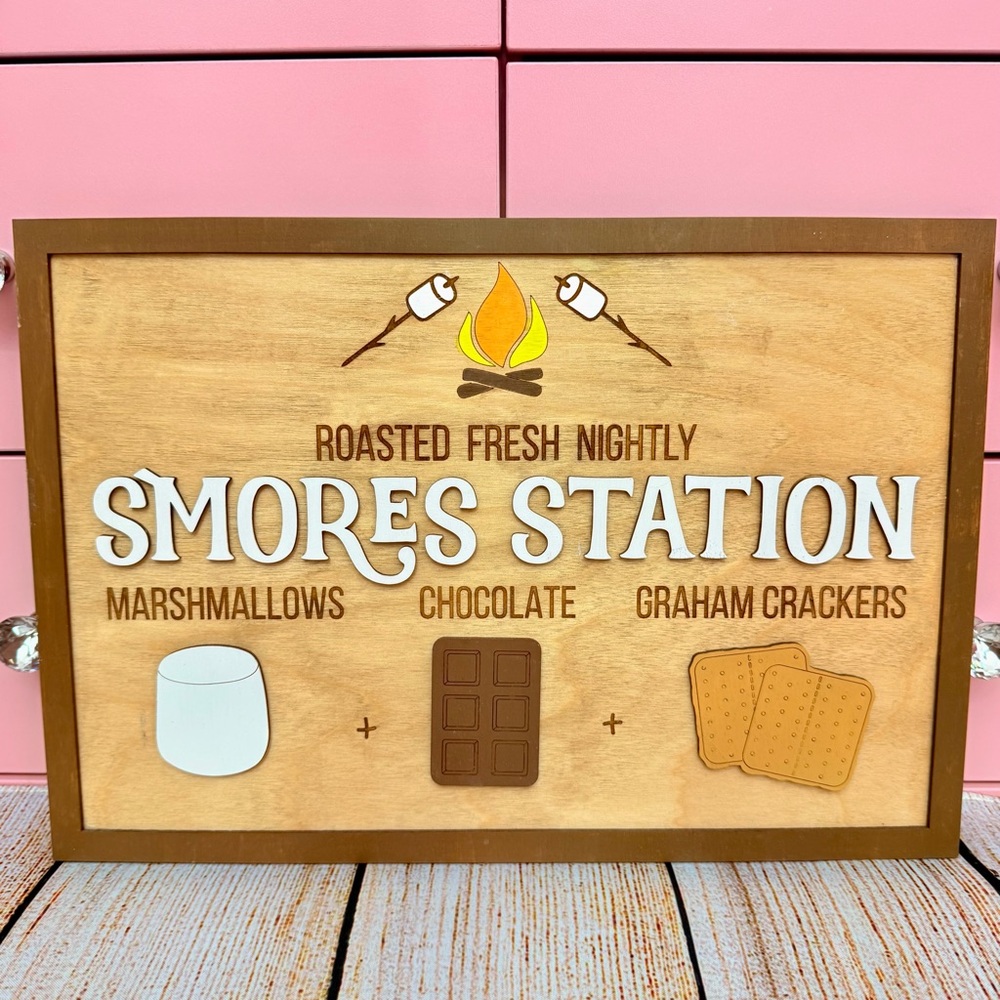 Rustic S’Mores Station Wooden Sign Campfire Kitchen Decor Hamdmade